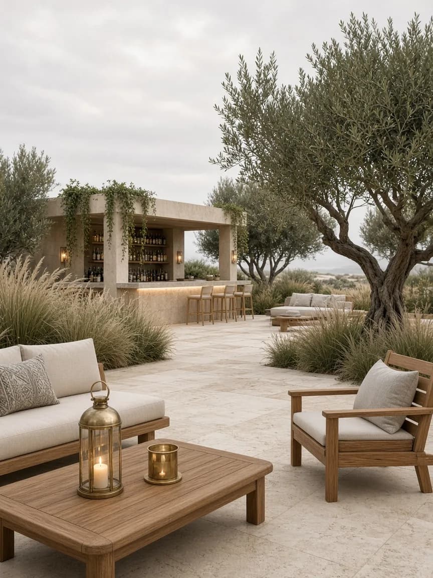 Bar Terraza con jardín, pastos y asientos de teca