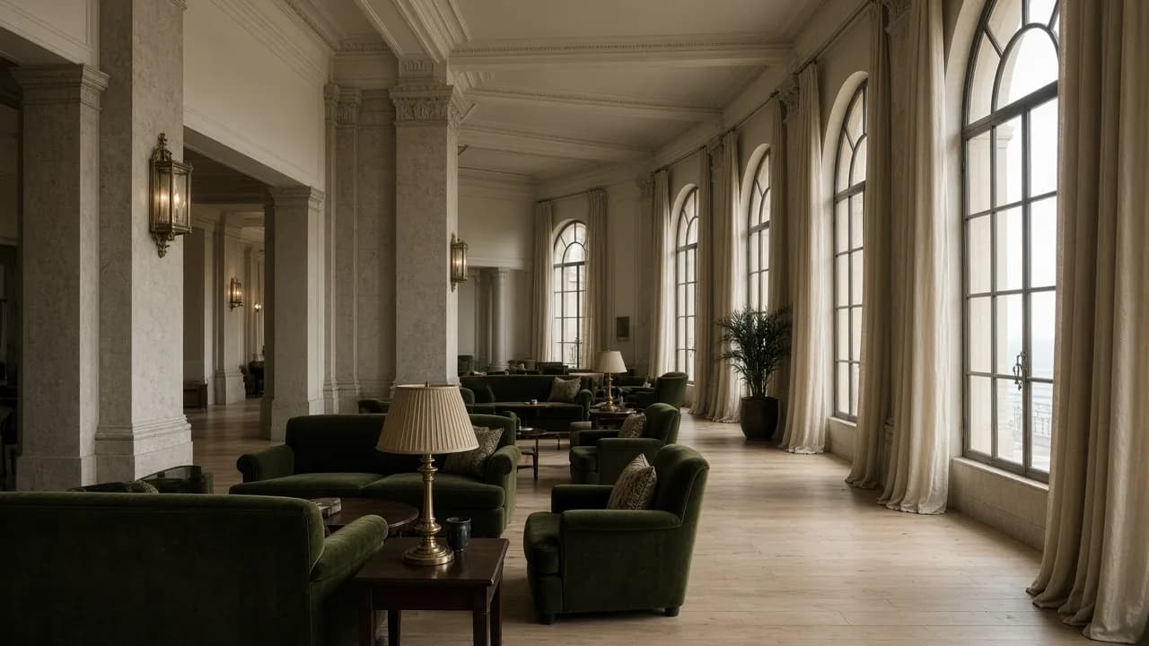 Lobby de Casa del Río con columnas de piedra, sillones de terciopelo oliva y luz atlántica